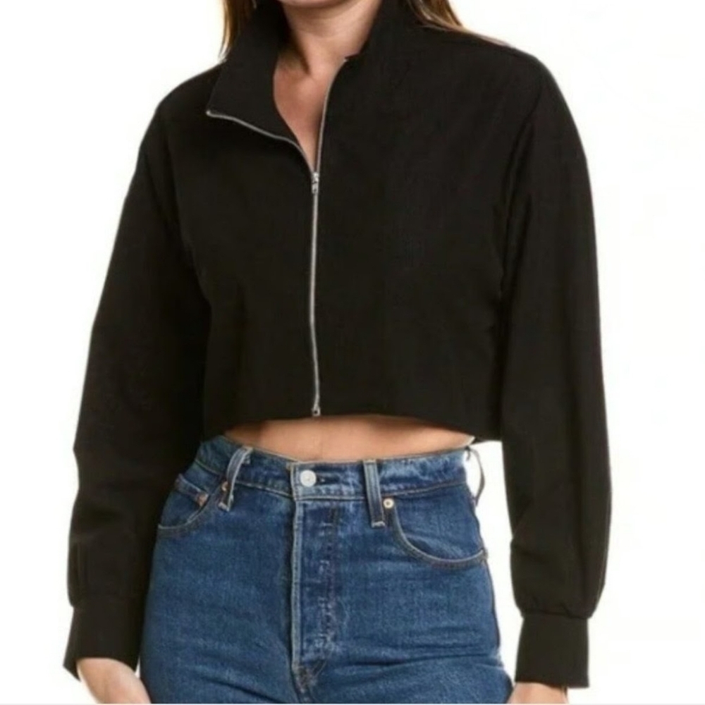 AREA STARS Waffle Knit Crop Front Zip Lightweight Oversized Collar Jacket, Black